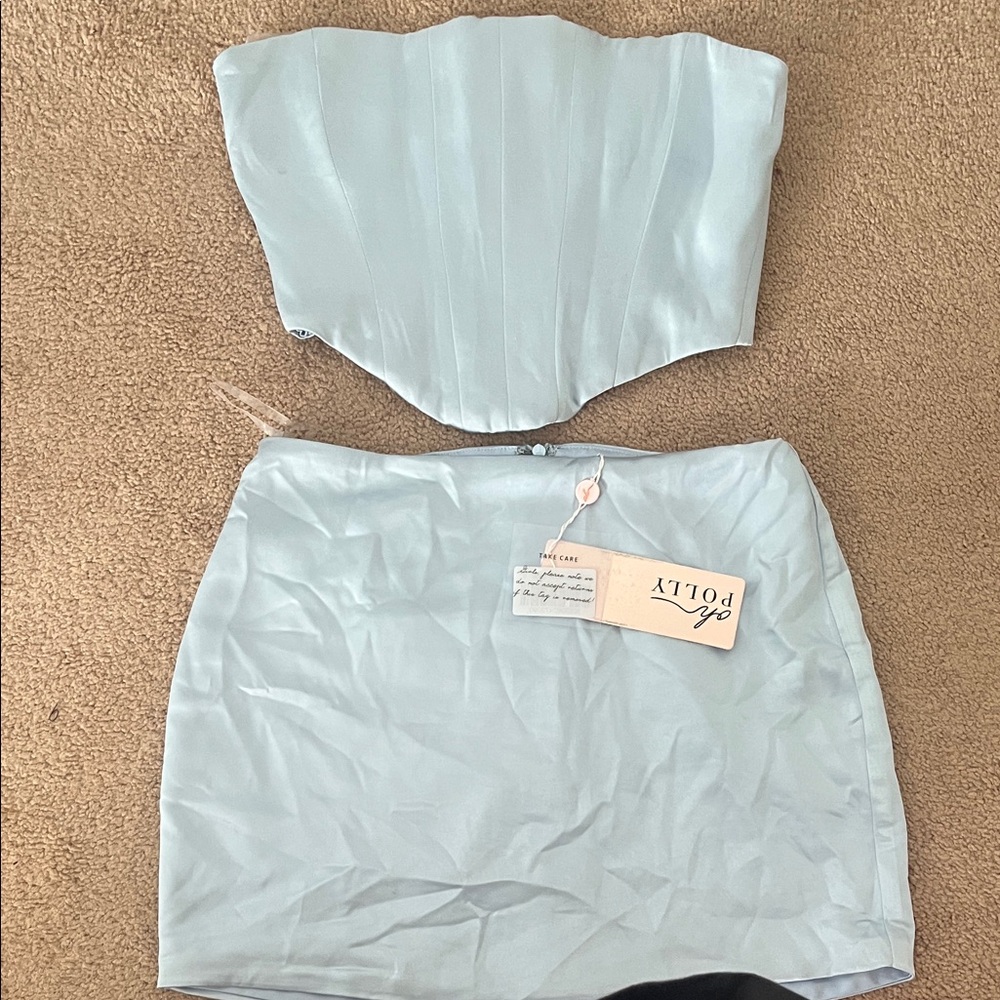 Oh Polly Sky Blue Strapless Skirt Set